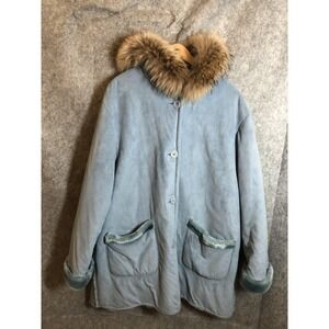 1 Madison Coat Women 1X Blue Faux Suede Hooded Fin Raccoon Fur Trim Parka Winter
